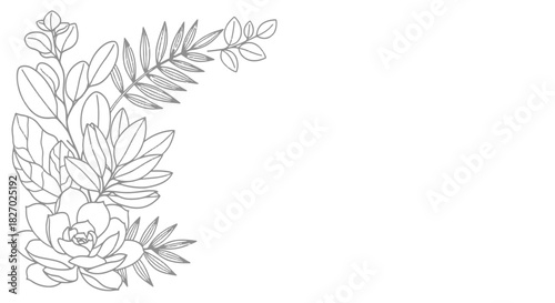 Elegant black and white line art floral corner arrangement featuring succulent and various botanical leaf elements