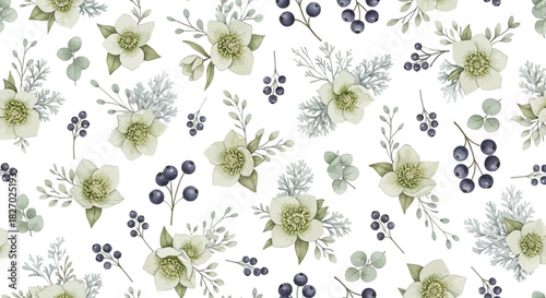 Seamless watercolor pattern with delicate light green hellebore flower, blue berry, and dusty miller foliage on a for textile design