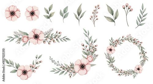 Collection of delicate watercolor pink anemone flower and sage green foliage elements for wedding invitation design