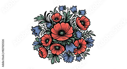 Vibrant bouquet of stylized red poppies and blue bellflowers with green foliage