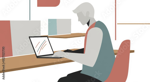 A person working on a laptop in a modern office. Hybrid office and coworking space concept. Flat design vector illustration