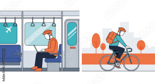 Hybrid work and urban commuting vector illustration. A person working on a train and a cyclist in the city. Flat design concept for remote work and the gig economy