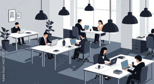 People working in a modern corporate office. Flat design vector illustration of a coworking space. Business professionals at desks with laptops