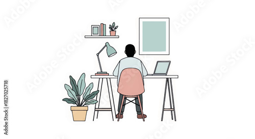 Minimalist illustration of a person working at a home office desk. Remote work and freelancer lifestyle concept. Flat design vector graphic