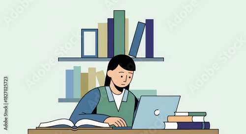 A person studying in a library or working remotely at a desk. E-learning and education concept. Flat design vector illustration