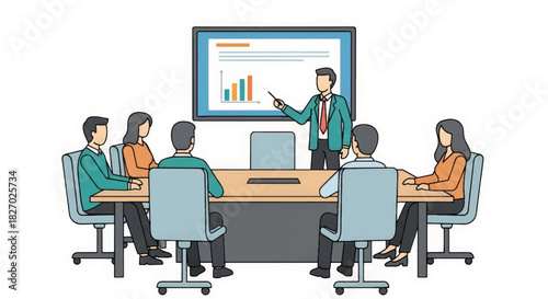 Business team in a conference room meeting. Presenter showing a data chart on a screen. Flat design vector illustration