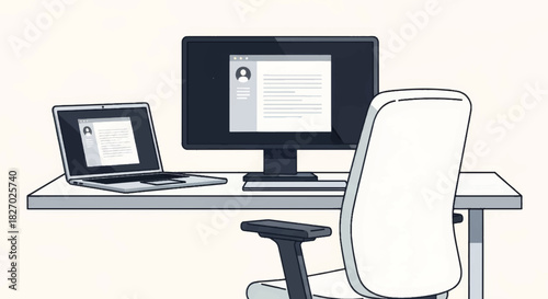 Minimalist illustration of a modern office desk. Remote work and job search concept with a resume on computer screens. Vector graphic of a hybrid office workspace