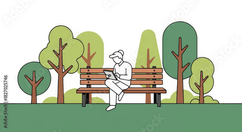Person working on a tablet on a park bench. Minimalist flat design illustration of remote work and outdoor lifestyle. Vector graphic isolated on a white background