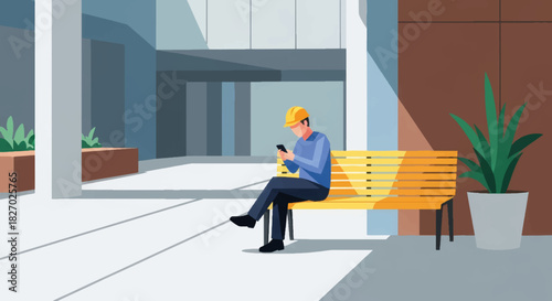 Construction worker on a break using a smartphone. Man in a hard hat sitting on a bench in a modern public space. Flat vector illustration