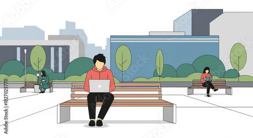 People working and relaxing in a public park with laptops and books. Remote work and student life concept. Modern flat vector illustration