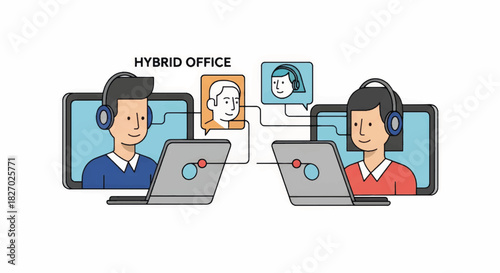 Hybrid office and remote collaboration concept. Flat design vector illustration of people in a virtual meeting. Online communication and teamwork technology graphic