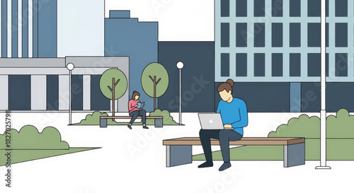 People working and relaxing in a modern city park. Remote work and hybrid office concept. Flat design vector illustration