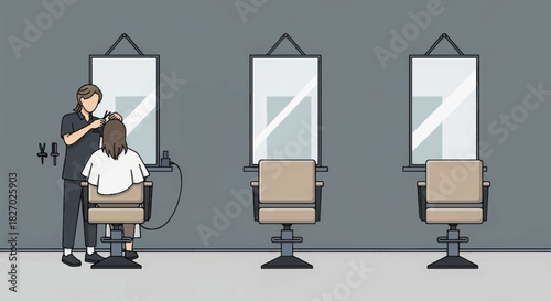 A hairdresser cutting a client's hair in a beauty salon. Minimalist vector illustration of a barbershop interior. Professional hairstyling service concept