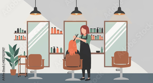 A hairdresser giving a client a haircut in a modern salon. Flat design vector illustration of a beauty parlor interior. Professional hairstylist and cosmetology service concept