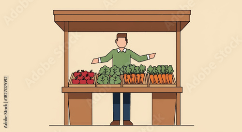 A farmer selling fresh produce at a local market stall. Minimalist flat design vector illustration of a vendor with vegetables and fruit. Healthy eating and small business concept