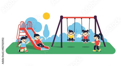 Children playing at the park playground. Flat design vector illustration of kids on a slide and swings. Happy childhood and outdoor summer activity concept