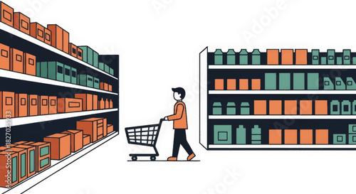 Man shopping in a grocery store aisle with a cart. Minimalist flat design vector illustration of a retail supermarket scene