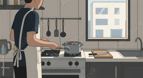 Man cooking a meal in a modern kitchen. Daily life and domestic routine concept. Anime style flat vector illustration