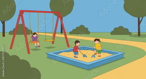 Children playing in a park playground. Cartoon vector illustration of kids on a swing set and in a sandbox. Outdoor summer recreation and childhood activity scene