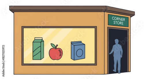 Local corner store vector illustration. Minimalist flat design of a small business with a customer. Grocery shopping and community concept graphic isolated on a white background