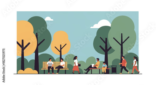 People relaxing in a public park vector illustration. Flat design scene showing community life and outdoor recreation. Characters walking and sitting on benches
