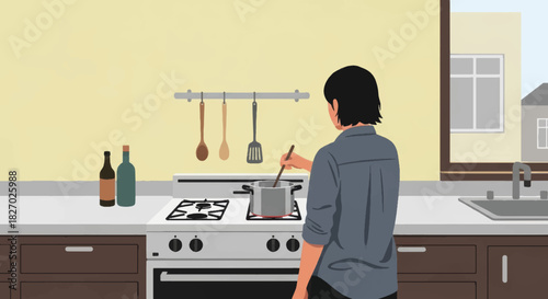 Person cooking in a kitchen. Vector illustration of a domestic scene with someone stirring a pot on a stove. Modern flat design of everyday home life