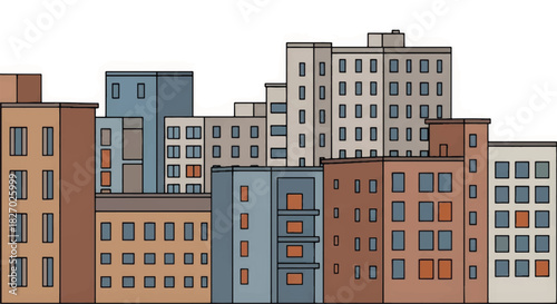 A hand-drawn vector illustration of a dense urban cityscape. Simple cartoon drawing of apartment buildings. City life and real estate concept isolated on white background