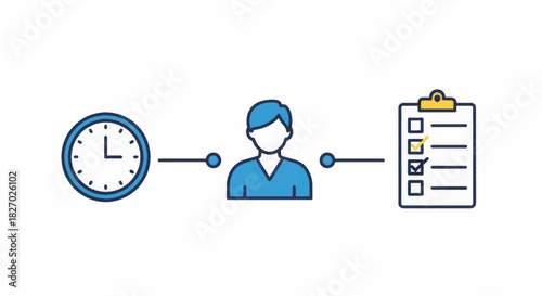 Time management and productivity concept illustration. Minimalist flat icons of a clock, person, and checklist. Vector infographic for business planning