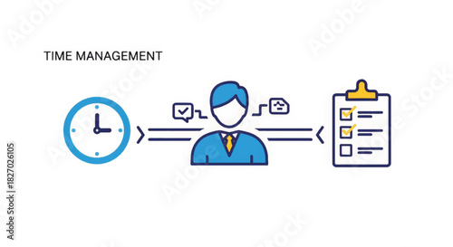 Time management infographic concept. Vector icons representing productivity, planning, and task completion. Simple flat outline illustration for business.