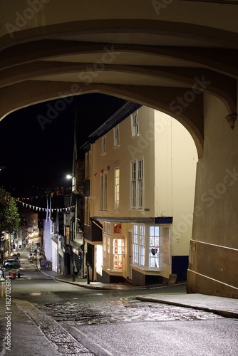 Fore Street, Totnes, Devon, by night.