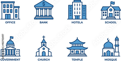City building icons set, government, bank, school, religious places, blue line vector illustration collection