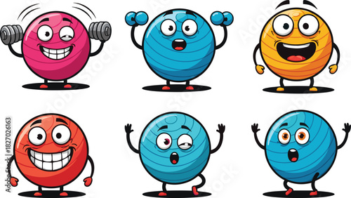 Funny cartoon fitness ball characters set, cute gym mascot collection, yoga exercise vector illustration, sport emoji