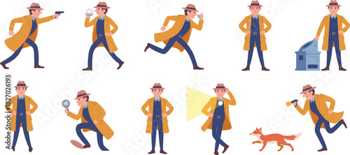 Cartoon detective character set, private investigator vector poses, police inspector illustration, mystery man collection, spy agent