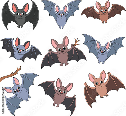 Cute cartoon bats vector collection, funny halloween animal illustration set, flying mammal characters, spooky night icons