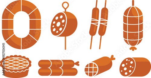 Set of flat orange meat icons including sausages salami and pie isolated on white background.