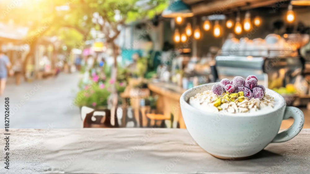 Fototapeta premium Healthy oatmeal bowl with cranberries and pistachios on concrete counter, starting a refreshing morning at cafe