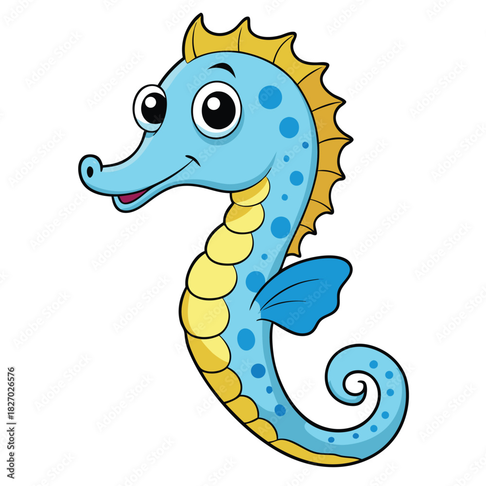 Fototapeta premium Cute Cartoon Seahorse With Blue Dots on White Background