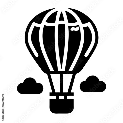 Hot air balloon icon with clouds, icon