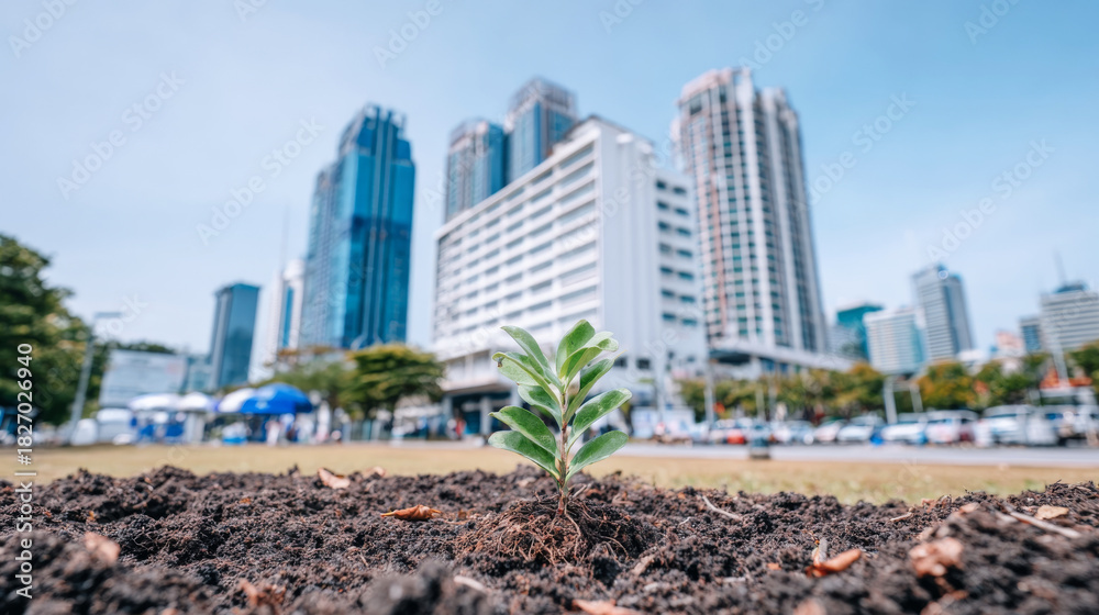 Fototapeta premium Small sapling planting in fresh soil with a blurry modern city skyline background, symbolizing ecology and a greener future