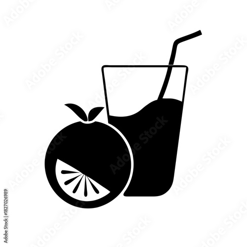 Orange fruit and a glass of fresh juice with a straw, healthy drink icon icon