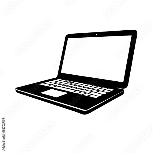 Black silhouette of an open laptop with blank screen, icon