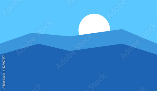Stylized minimalist mountain landscape with sun rising over peaks