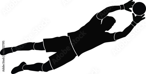 Black silhouette of a goalkeeper diving to catch a ball on white