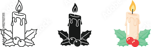 Christmas Candle with Holly Icon Set Three Styles Outline Silhouette Color Vector Illustration Collection Holiday Light Symbol for Decoration Design Template or Advent Graphic
