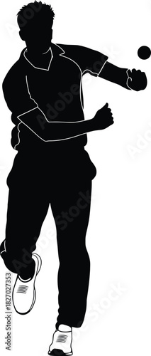Silhouette of a cricket bowler in action delivering the ball with force