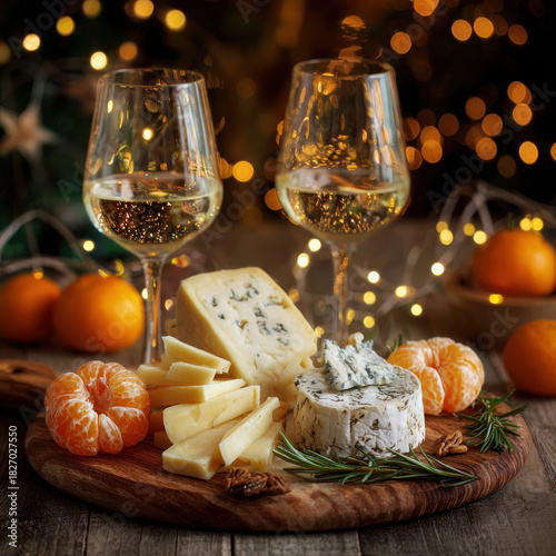 On a wooden plate there is cheese, tangerines, two glasses of wine next to it. In the background there is a garland and a Christmas tree branch