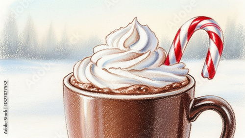 Indulge in a warm cup of holiday cheer with this delicious hot chocolate topped with whipped cream and a candy cane, perfect for winter celebrations