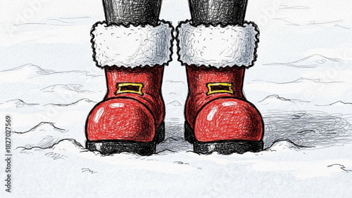 Charming Santa Claus boots in the snow, a festive holiday moment perfect for Christmas cards, seasonal designs, or winter promotions with a touch of whimsy
