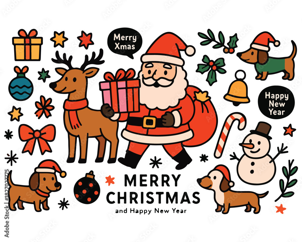 Fototapeta premium A set of funny cartoon Christmas animal icons featuring a Santa dog, cat, bear, and reindeer vector illustration