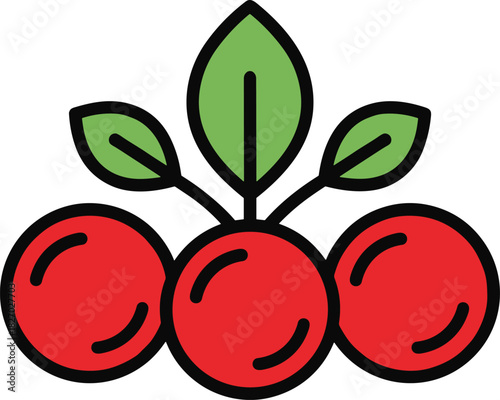 Three Bright Red Berries or Cherries Simple Icon Logo Graphic Illustration Healthy Fruit Dessert Ingredient Vector Outline Design Element for Food Nature and Organic Concept